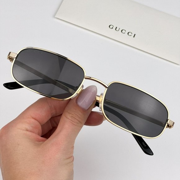 Gucci GG1457S 001 Sunglasses Gold Grey Rectangle Metal Unisex GG 1457S - Picture 1 of 12